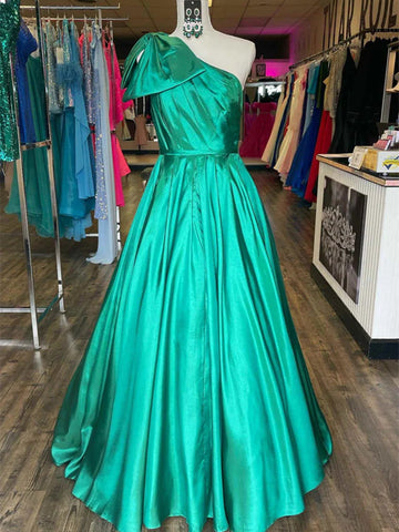 One Shoulder Green Satin Long Prom Dresses, One Shoulder Green Satin Long  Formal Evening Dresses