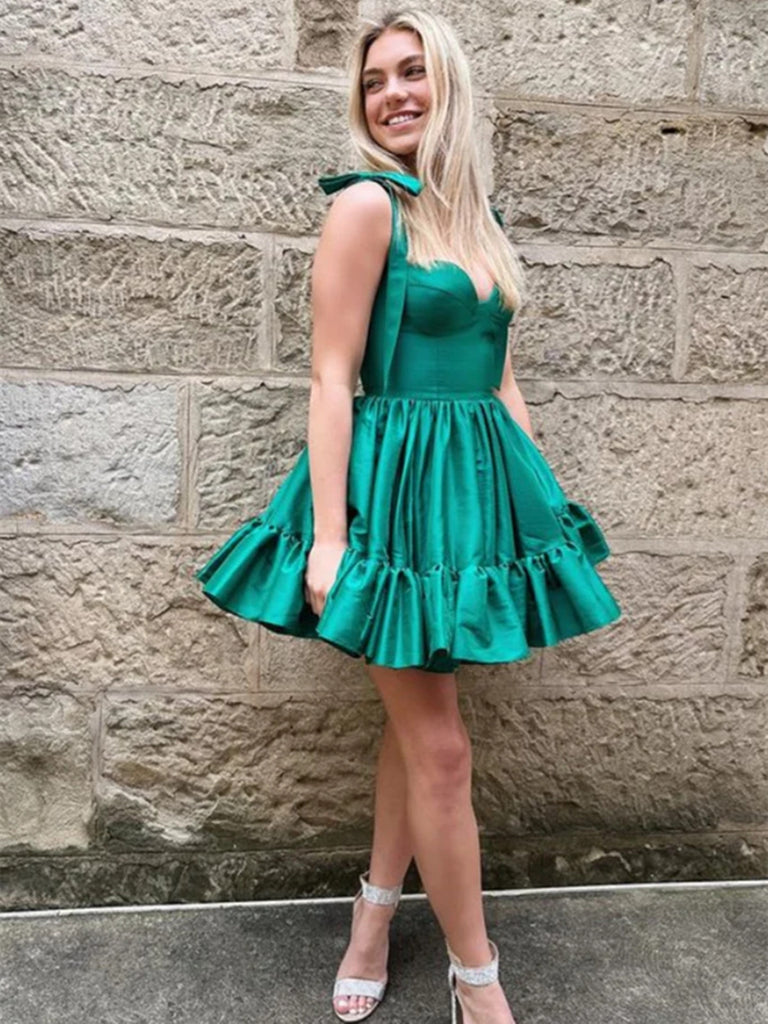 Sweetheart Neck Green Satin Short Prom Dresses, Green Short Homecoming morievent Sweetheart Neck Green Satin Short Prom Dresses, Green Short Homecoming morievent