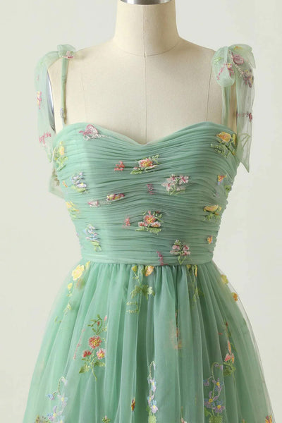 Beautiful Green Floral Tulle Long Prom Dresses， Sweetheart Neck Green Tulle Long Formal Evening Dresses with Appliques