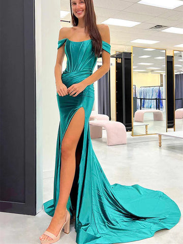 Elegant Off The Shoulder Mermaid Green Long Prom Dresses With High Slit, Off Shoulder Mermaid Green Long Formal Evening Dresses