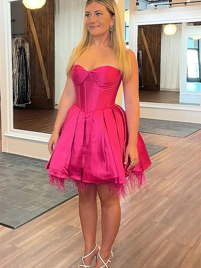 Strapless Fuchsia Satin Short Prom Dresses, Strapless Fuchsia Satin Sh morievent Strapless Fuchsia Satin Short Prom Dresses, Strapless Fuchsia Satin Sh morievent