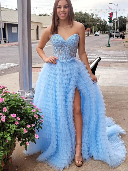 Sweetheart Neck Strapless Yellow/Blue Lace Long Prom Dresses, Open Back Yellow/Blue Lace Formal Evening Dresses