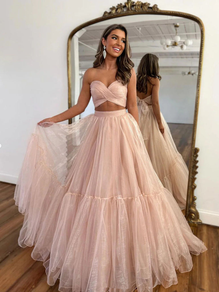 A Line Sweetheart Neck Two Pieces Pink Tulle Long Prom Dresses, 2