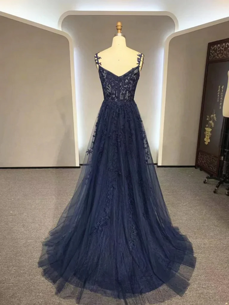 A Line V Neck Navy Blue Lace Long Prom Dresses, Navy Blue Lace Formal