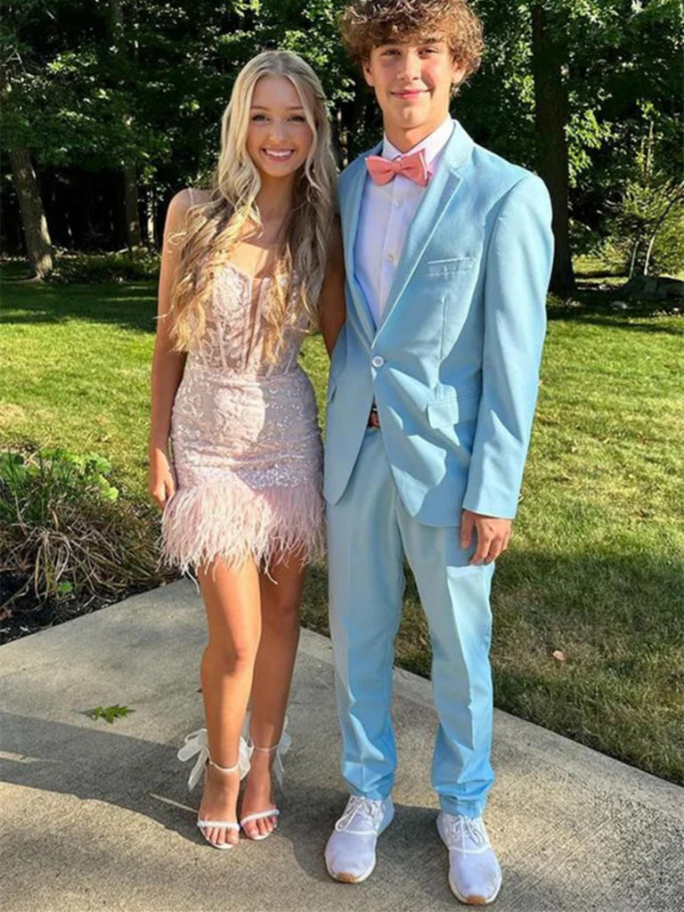 Short V Neck Pink Lace Prom Dresses with Feather, Short Pink Lace Form morievent Short V Neck Pink Lace Prom Dresses with Feather, Short Pink Lace Form morievent