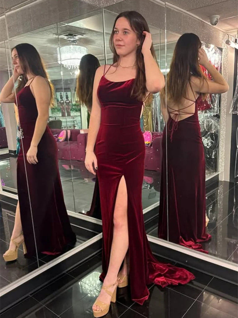 Mermaid Backless Burgundy Velvet Long Prom Dresses with Slit, Mermaid Burgundy Formal Graduation Evening Dresses