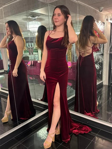 Mermaid Backless Burgundy Velvet Long Prom Dresses with Slit, Mermaid Burgundy Formal Graduation Evening Dresses