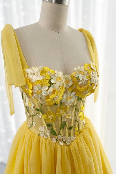 Knee Length Yellow Lace Tulle Short Prom Dresses, Cute 3D Flowers A Line Yellow Formal Evening Dresses
