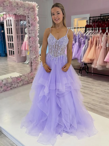 A Line V Neck Lilac Lace Long Prom Dresses, Lilac Lace Tulle Evening Formal Dresses
