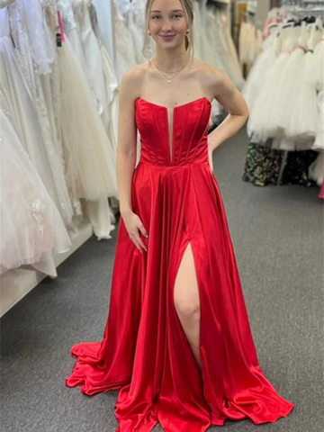 Strapless V Neck Red Long Prom Dresses with High Slit, V Neck Red Open Back Formal Evening Dresses