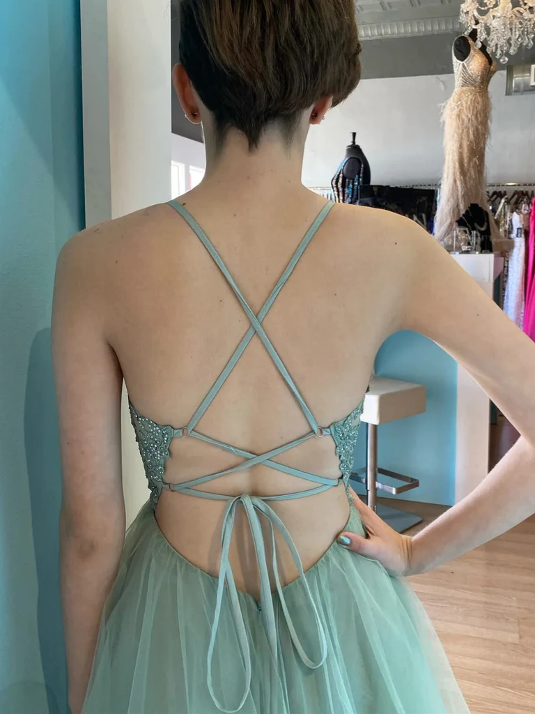 A Line V Neck Backless Sage Lace Long Prom Dresses, Open Back Lace Sag morievent A Line V Neck Backless Sage Lace Long Prom Dresses, Open Back Lace Sag morievent
