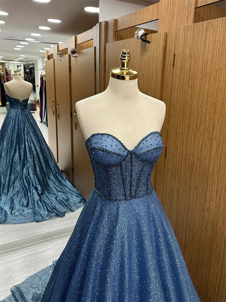 A Line Sweetheart Neck Tulle  Blue Long Prom Dresses, Blue Beads Tulle Long Formal Dresses