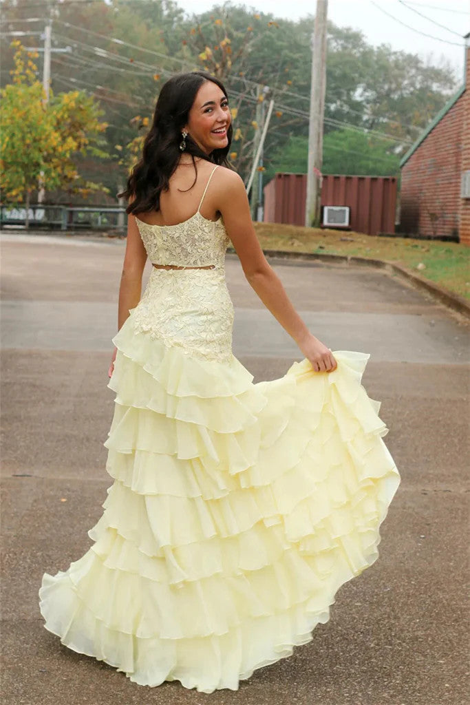 Elegant Layered Yellow Lace Long Prom Dresses with High Slit, Layered – morievent Elegant Layered Yellow Lace Long Prom Dresses with High Slit, Layered – morievent