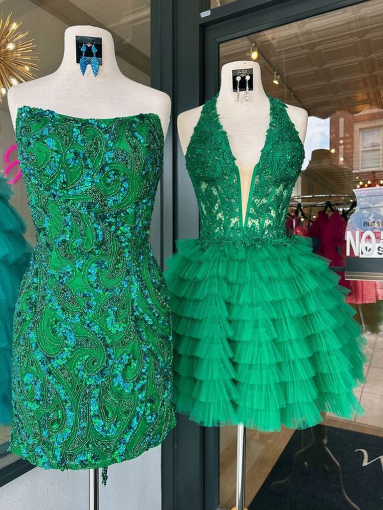 V Neck Princess Backless Ruffle Green Lace Prom Dresses, Halter Neck S morievent V Neck Princess Backless Ruffle Green Lace Prom Dresses, Halter Neck S morievent