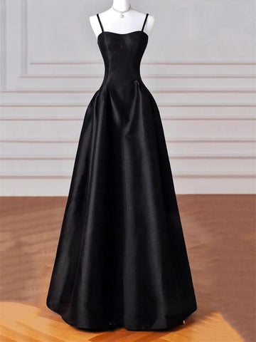 Black Spaghetti Strap Satin Long Prom Dresses, A Line Black Formal Evening Dresses