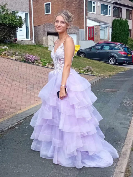 A Line V Neck Layered Lilac Lace Long Prom Dresses, Lilac Lace Formal Evening Dresses