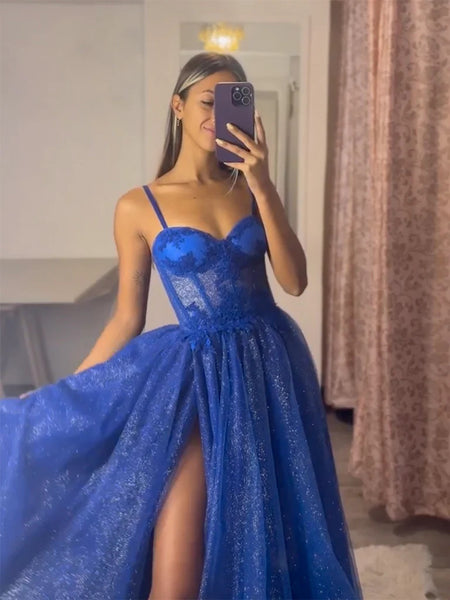A Line Sweetheart Neck Tulle Lace Blue Long Prom Dresses, Blue Lace Tulle Long Formal Evening Dresses
