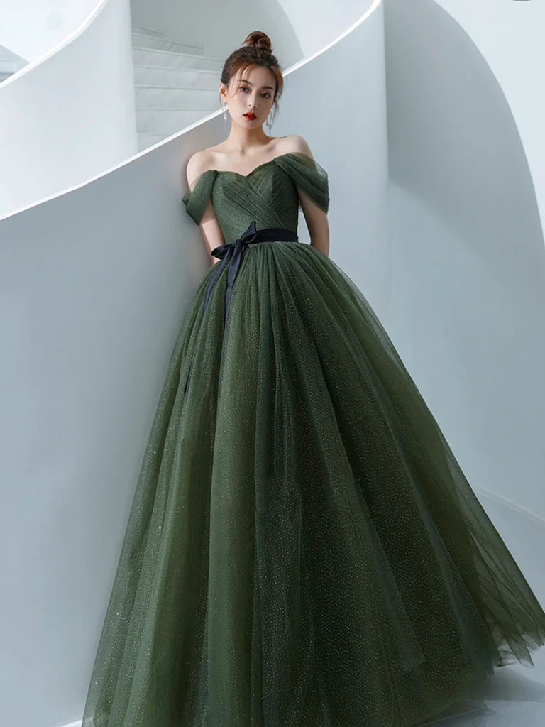 A Line Off The Shoulder Tulle Green Long Prom Dresses, Off Shoulder Tu morievent A Line Off The Shoulder Tulle Green Long Prom Dresses, Off Shoulder Tu morievent