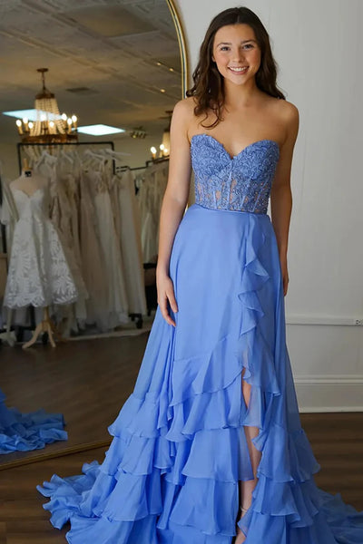 Strapless Layered Blue Lace Long Prom Dresses with High Slit, Layered Blue Lace Long  Formal Graduation Evening Dresses