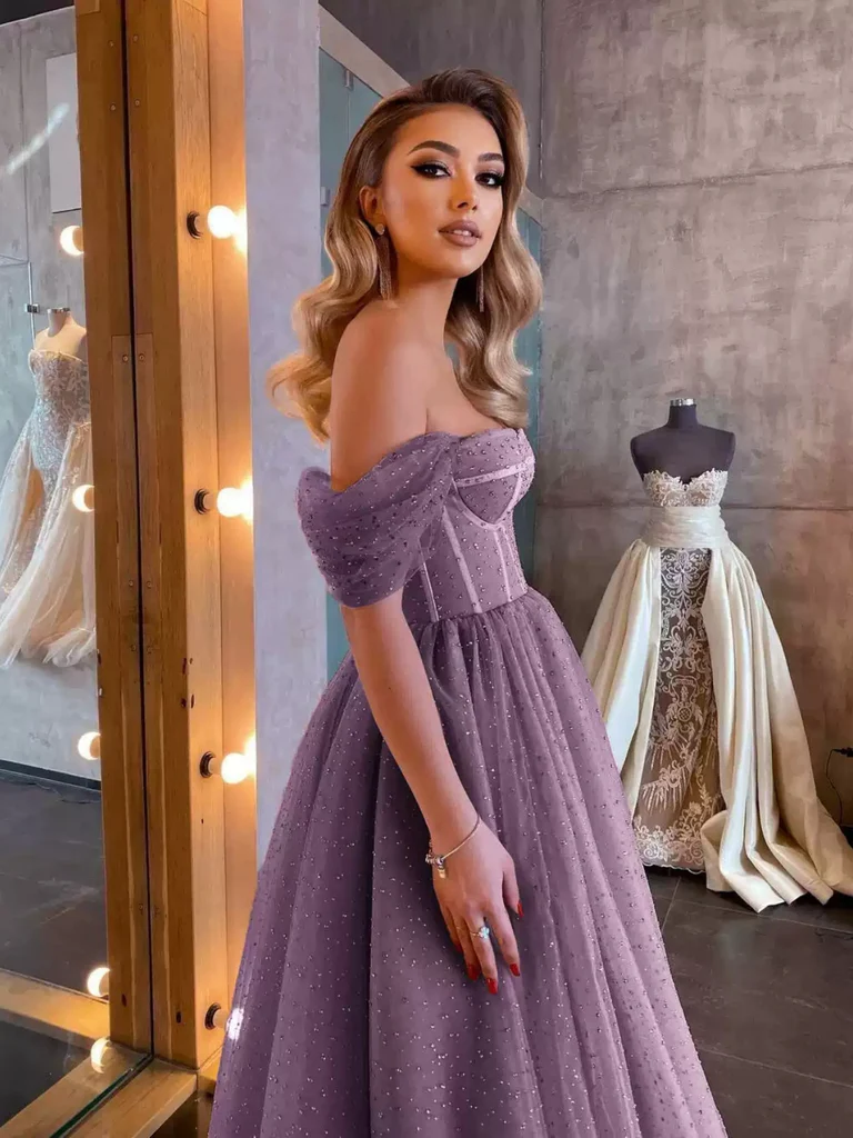 Off Shoulder Purple Beaded Tea Length Prom Dresses,Off the Shoulder Pu morievent Off Shoulder Purple Beaded Tea Length Prom Dresses,Off the Shoulder Pu morievent