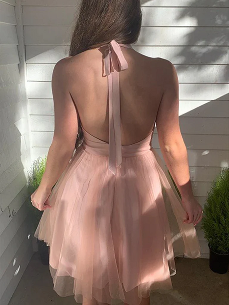 V Neck Backless Pink Short Tulle Prom Dreses, Short Pink V Neck Formal Evening Homecoming Dresses