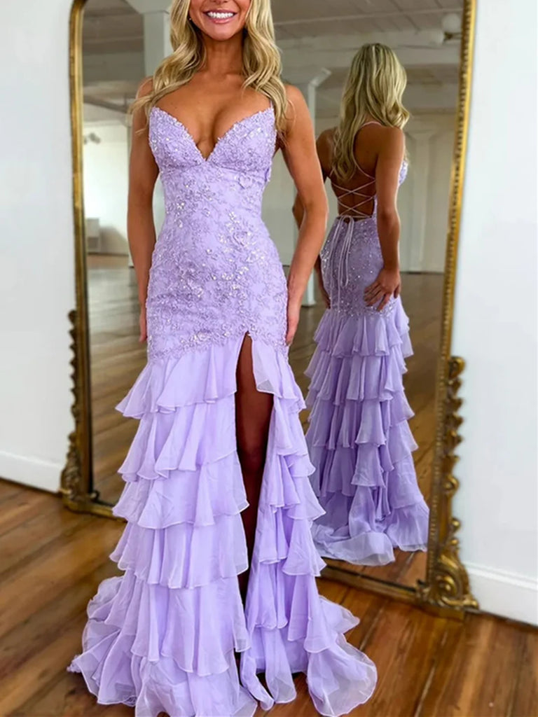 Mermaid V Neck Backless Lilac Lace Long Prom Dresses With High Slit, M morievent Mermaid V Neck Backless Lilac Lace Long Prom Dresses With High Slit, M morievent