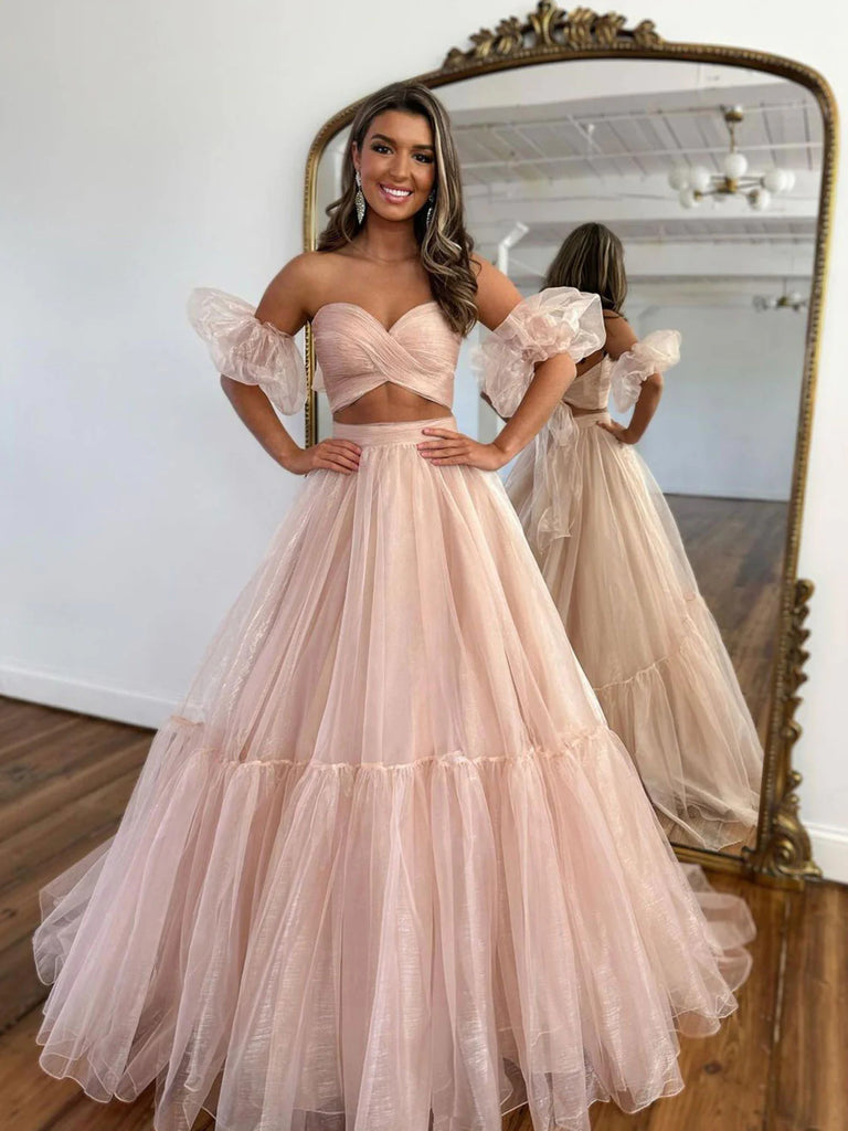 A Line Sweetheart Neck Two Pieces Pink Tulle Long Prom Dresses, 2 Piec –  morievent