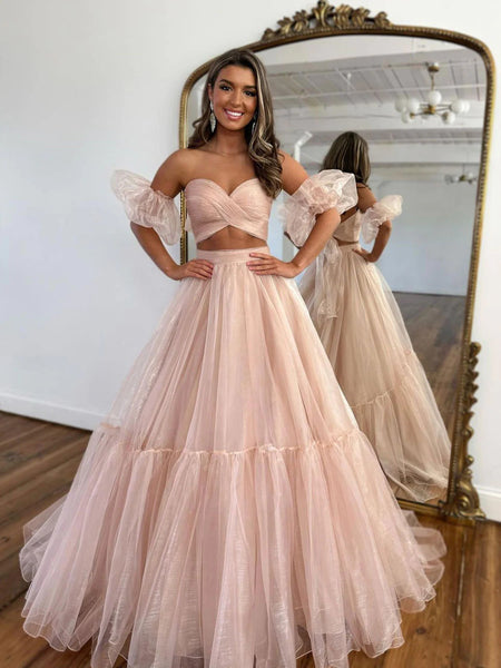 A Line Sweetheart Neck Two Pieces  Pink Tulle Long Prom Dresses, 2 Pieces Pink Formal Evening Dresses