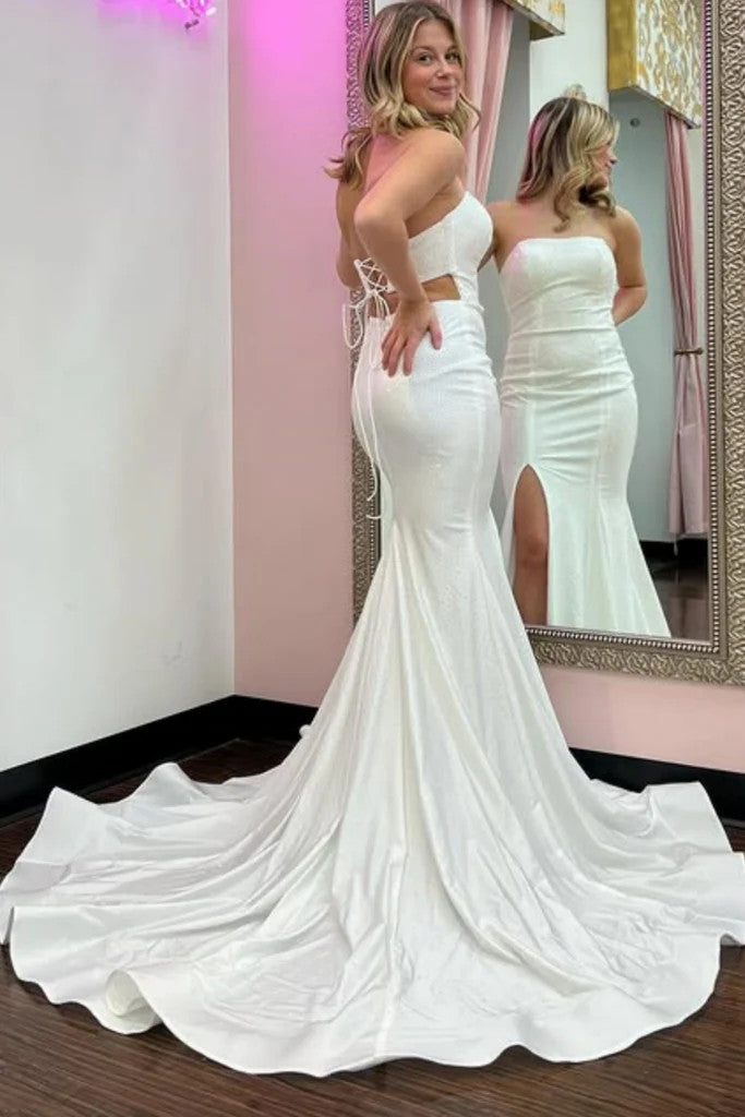 Strapless Mermaid White Satin Long Prom Dresses with High Slit, Mermai – morievent Strapless Mermaid White Satin Long Prom Dresses with High Slit, Mermai – morievent
