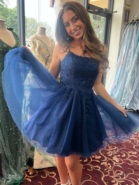 A Line Straps Navy Blue Lace Short Prom Dresses, Short Lace Dark Blue Formal Evening Homecoming Dresses