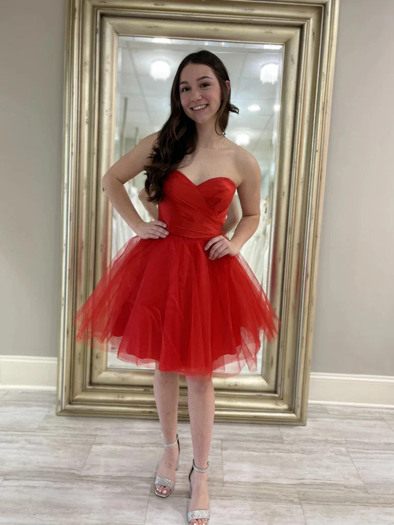 Strapless Sweetheart Neck Short Red Tulle Prom Dresses,Short Red Tulle morievent Strapless Sweetheart Neck Short Red Tulle Prom Dresses,Short Red Tulle morievent
