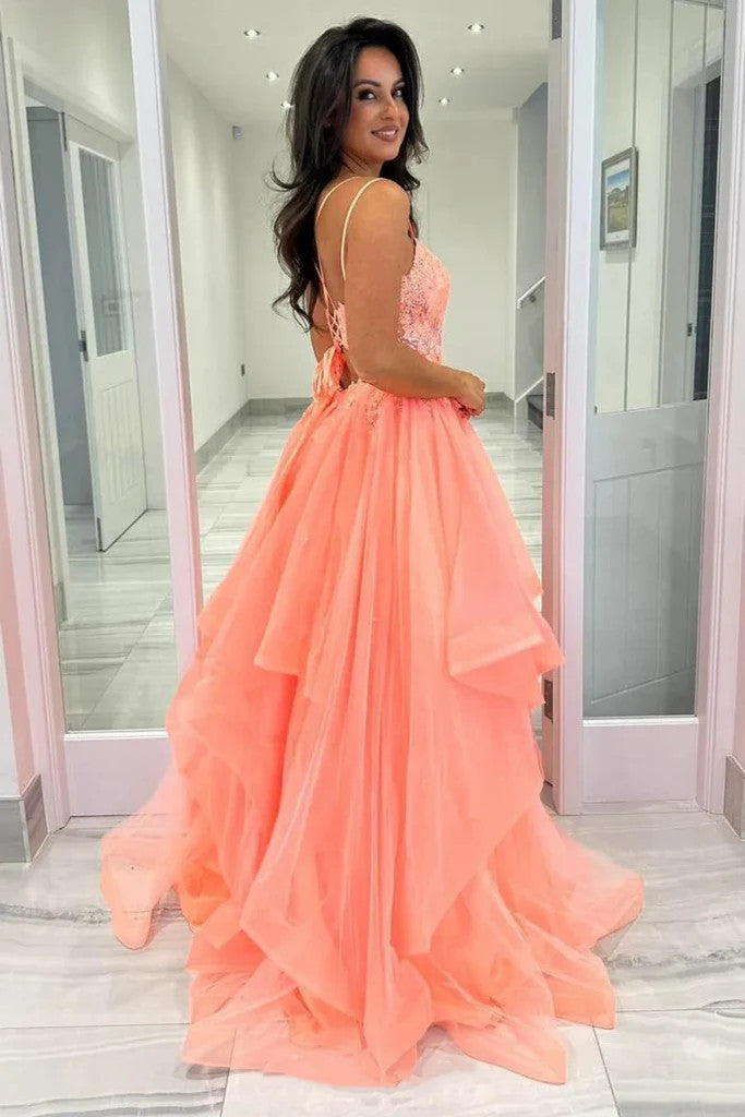 A Line V Neck Open Back Coral Lace Long Prom Dresses, Fluffy Backless morievent A Line V Neck Open Back Coral Lace Long Prom Dresses, Fluffy Backless morievent