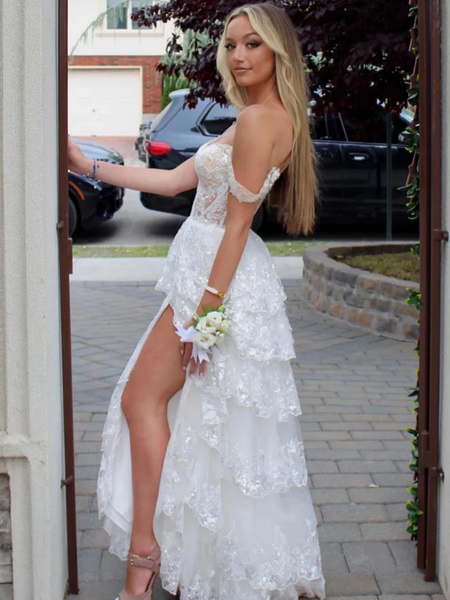 Off the Shoulder White Lace Layered Long Prom Dresses With Leg Slit, Off Shoulder White Layered Formal Evening Dresses