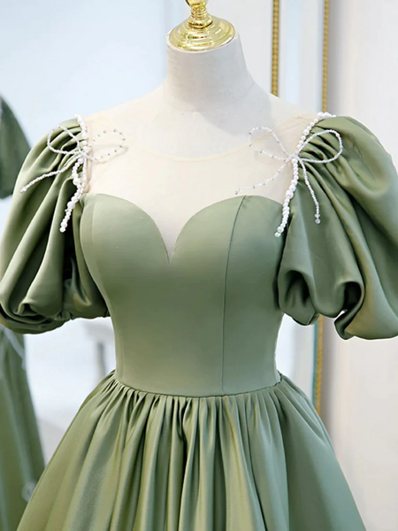 Short Sleeves Satin Short Green Prom Dresses, Short Green Formal Evening Homecoming Graduation Dresses