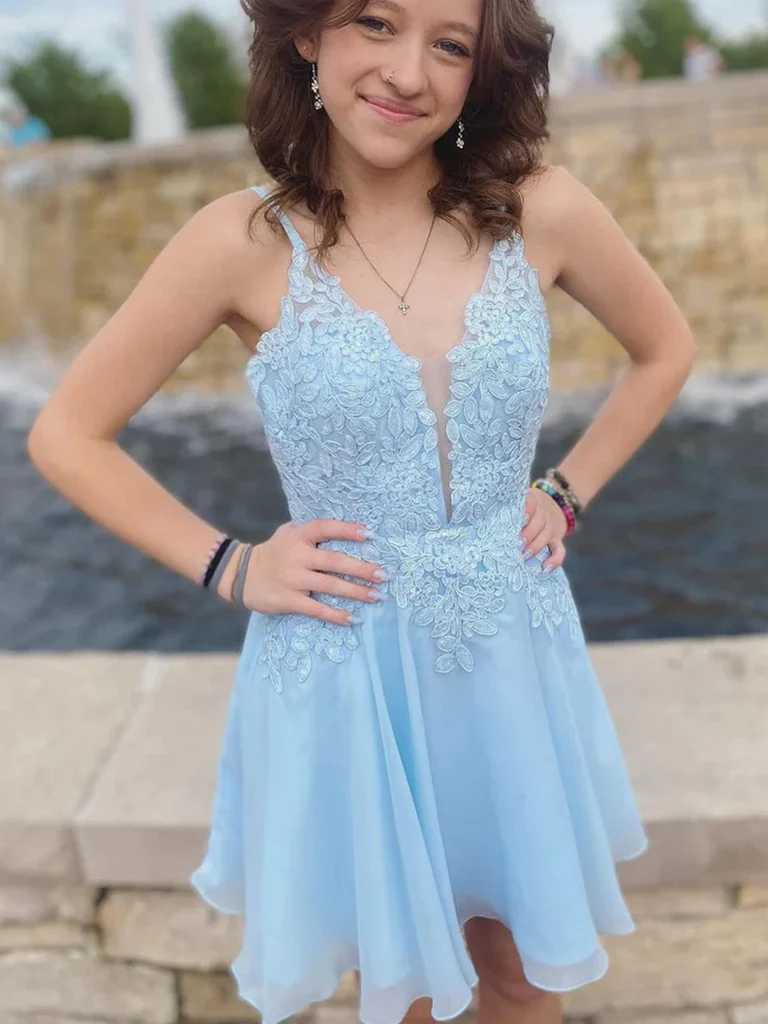 Short V Neck Light Blue Lace Prom Dresses, Light Blue Lace Backless Fo morievent Short V Neck Light Blue Lace Prom Dresses, Light Blue Lace Backless Fo morievent