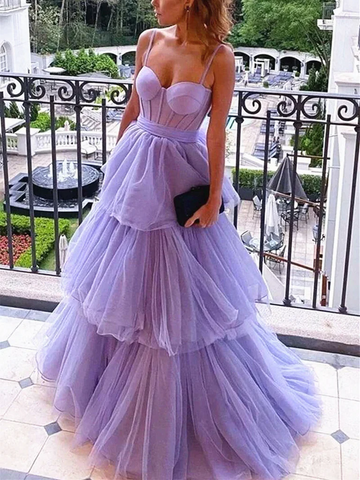 Sweetheart Neck Purple Layered Long Prom Dresses, Sweetheart Neck Purple Layered  Tulle Long Formal Evening Dresses