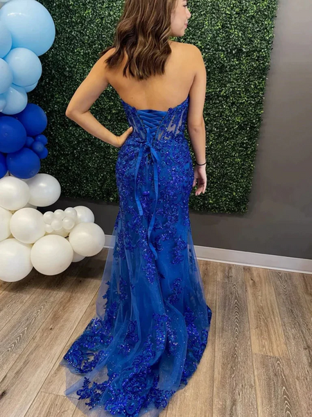 Strapless Mermaid Blue Lace Sequins Backless Long Prom Dresses,  Mermaid Blue Lace Formal Evening Dresses