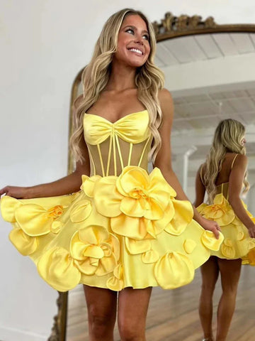 A Line Yellow Short Floral Prom Dresses, Short Yellow Formal Evening Homecoming Dresses