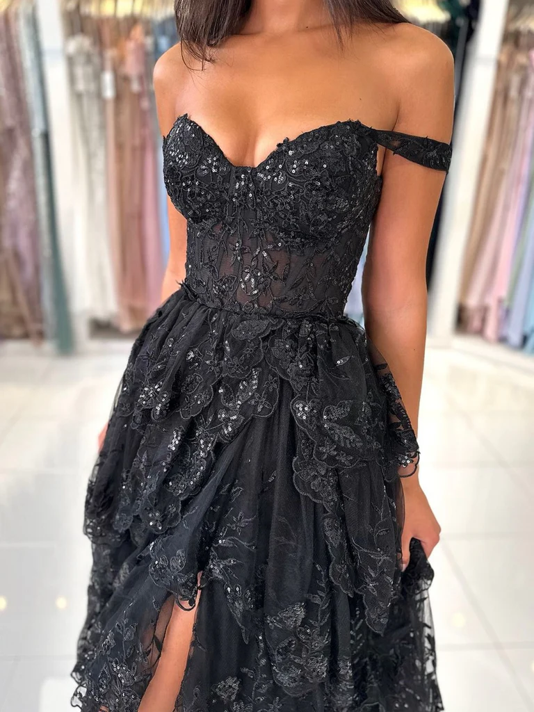 Off Shoulder Black Lace Layered Long Prom Dresses, Off the Shoulder Bl morievent Off Shoulder Black Lace Layered Long Prom Dresses, Off the Shoulder Bl morievent