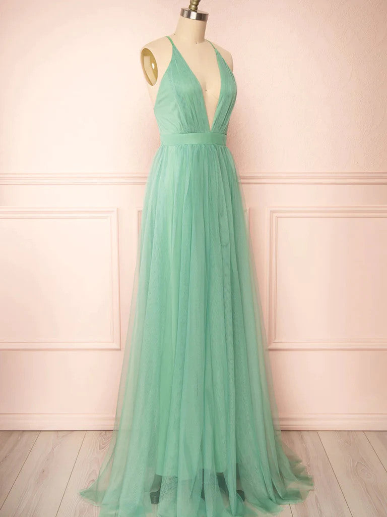 A Line V Neck Backless Sage Tulle Long Prom Dresses, Sage Open Back Fo morievent A Line V Neck Backless Sage Tulle Long Prom Dresses, Sage Open Back Fo morievent