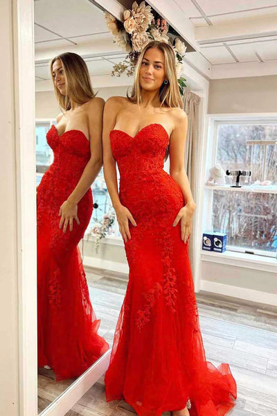 Strapless Red Mermaid Lace Long Prom Dresses, Strapless Red Mermaid Lace Long Evening Party Dress