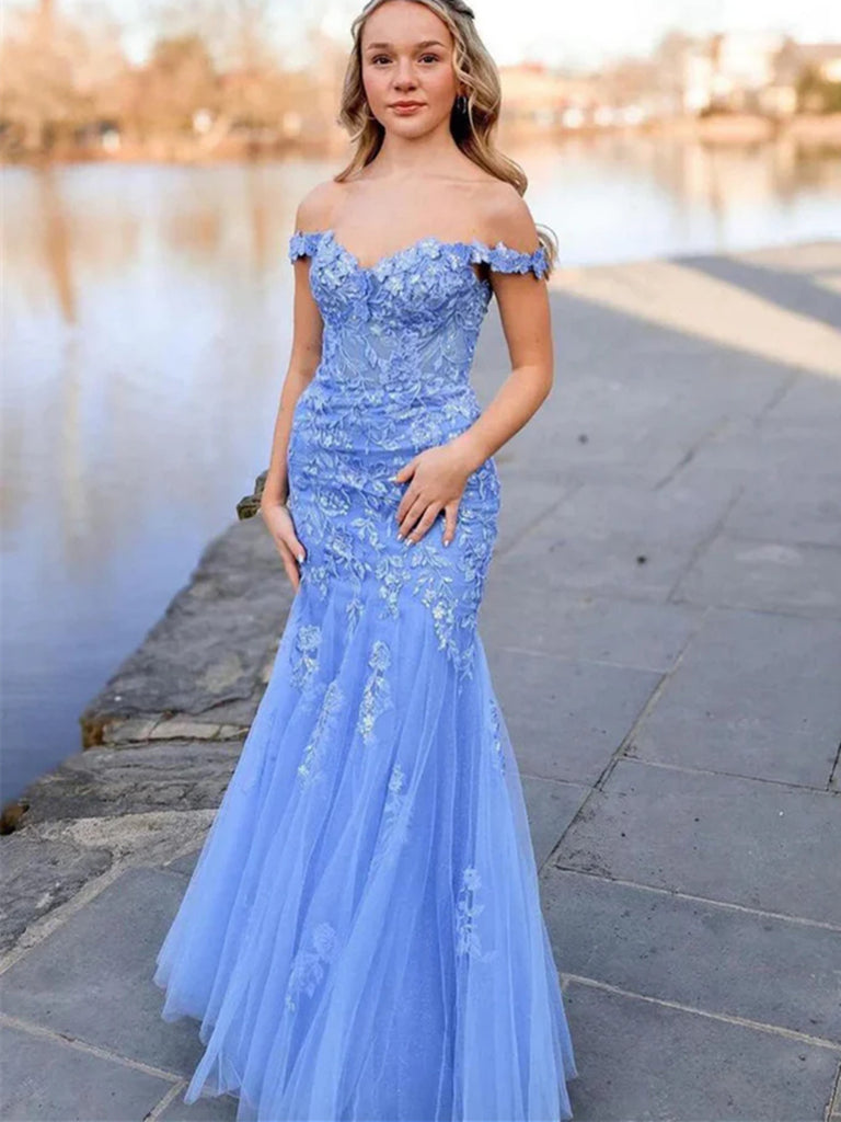 Off The Shoulder Mermaid Blue Lace Long Prom Dresses, Off Shoulder Mer morievent Off The Shoulder Mermaid Blue Lace Long Prom Dresses, Off Shoulder Mer morievent