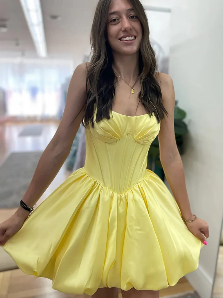 Strapless Yellow Satin Short Prom Dresses, Yellow Formal Evening Homec morievent Strapless Yellow Satin Short Prom Dresses, Yellow Formal Evening Homec morievent