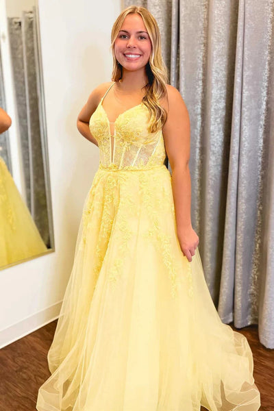 A Line V Neck Yellow Long Prom Dresses with Lace Appliques, V Neck Yellow Lace Long Formal Evening Graduation Dresses