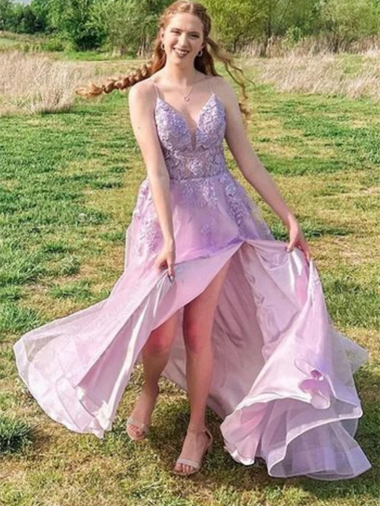 V Neck Purple Lace Long Backless Long Prom Dresses, V Neck Lilac Lace morievent V Neck Purple Lace Long Backless Long Prom Dresses, V Neck Lilac Lace morievent