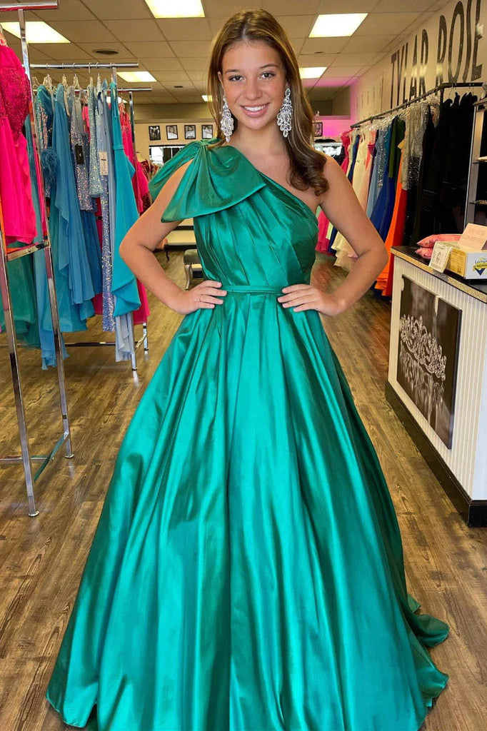 One Shoulder Green Satin Long Prom Dresses, One Shoulder Green Satin L morievent One Shoulder Green Satin Long Prom Dresses, One Shoulder Green Satin L morievent