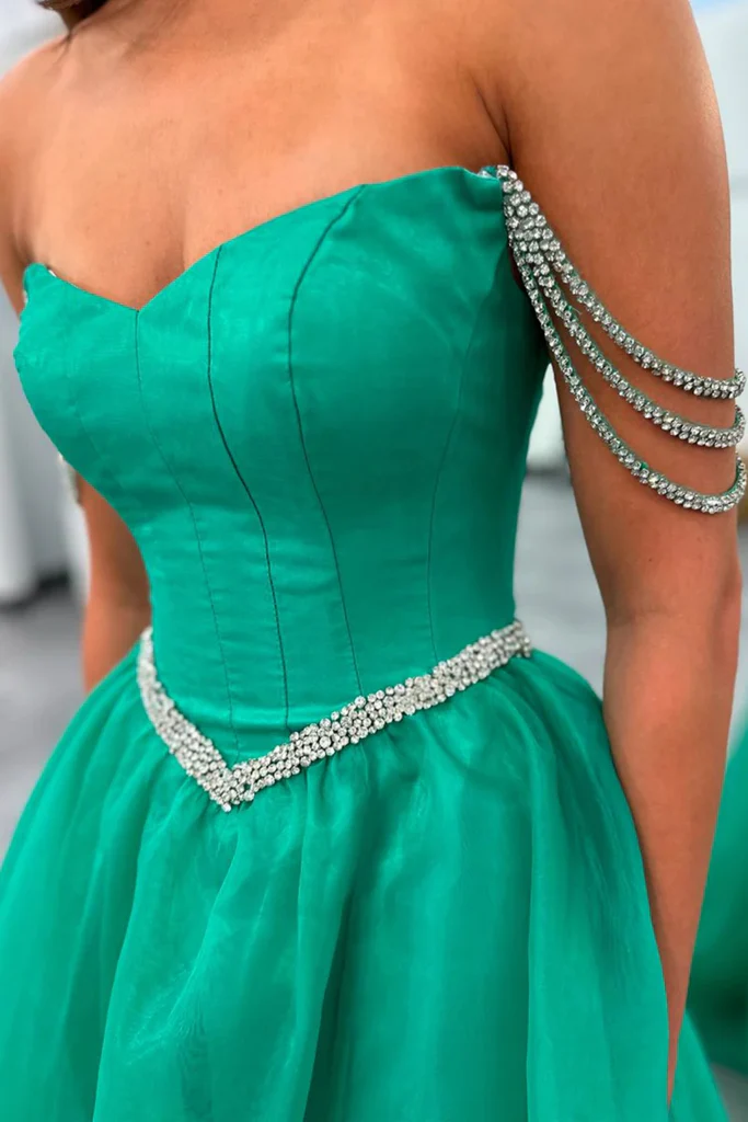 Beaded Green Off The Shoulder Green Long Prom Dresses with High Slit, morievent Beaded Green Off The Shoulder Green Long Prom Dresses with High Slit, morievent