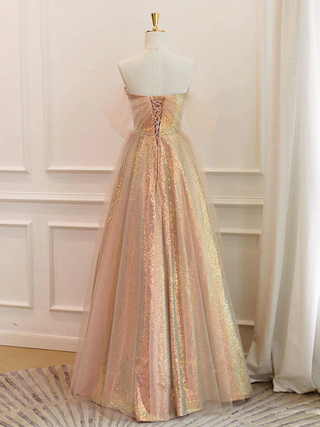 A Line Sweetheart Neck Gold Tulle Sequin Long Prom Dresses, Gold SequinTulle Formal Evening Dresses