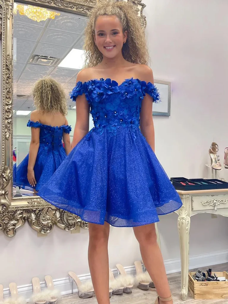 Off Shoulder Royal Blue Short Floral Prom Dresses With 3D Flowers, Sho morievent Off Shoulder Royal Blue Short Floral Prom Dresses With 3D Flowers, Sho morievent