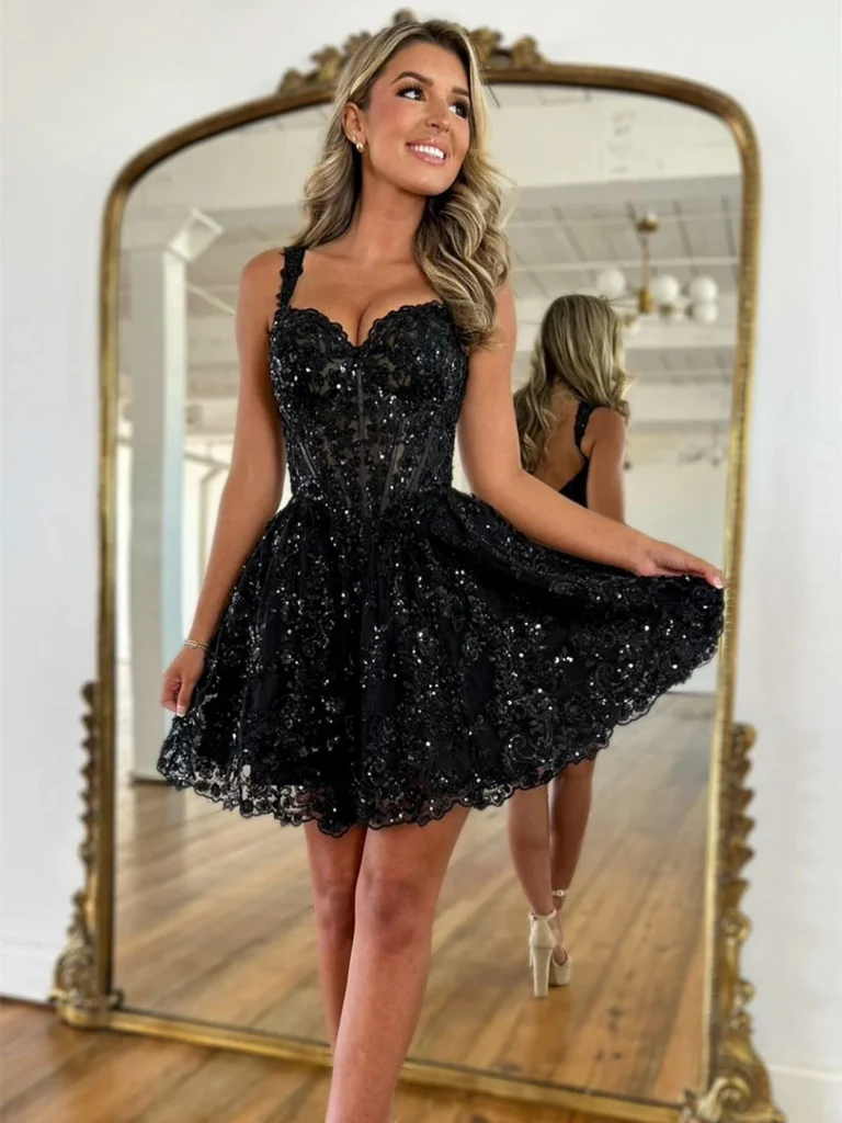 Shiny Open Back Sweetheart Neck Black Lace Short Prom Dresses, A Line morievent Shiny Open Back Sweetheart Neck Black Lace Short Prom Dresses, A Line morievent